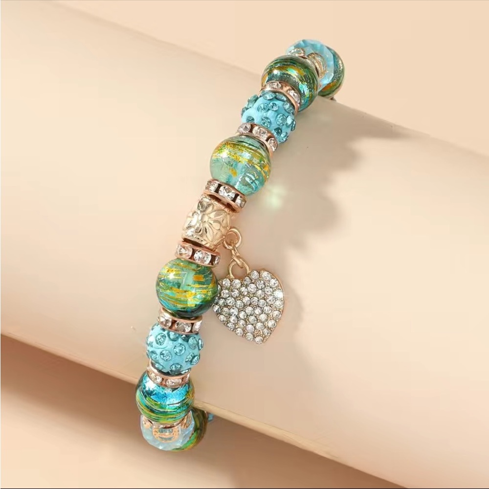 Rhinestones-Gold-Beads-Babbles OH MY!! Bracelet with Rhinestone Heart Charm